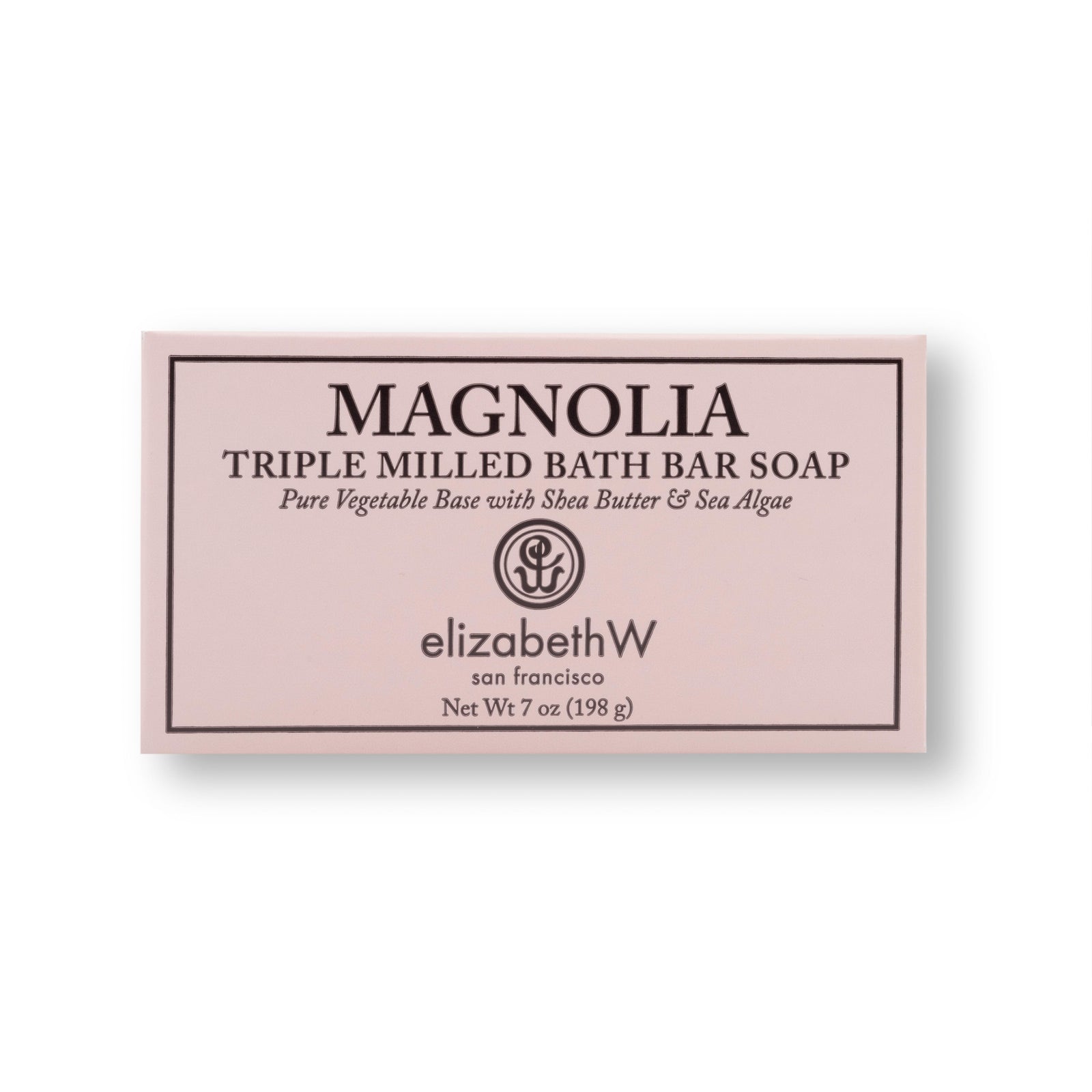 A rectangular light pink box for Magnolia soap. The text on the box reads "Magnolia Triple Milled Bath Bar Soap," followed by "Pure Vegetable Base with Shea Butter & Sea Algae." The elizabethW logo is displayed below, along with "san francisco" and "Net Wt 7 oz (198 g)."