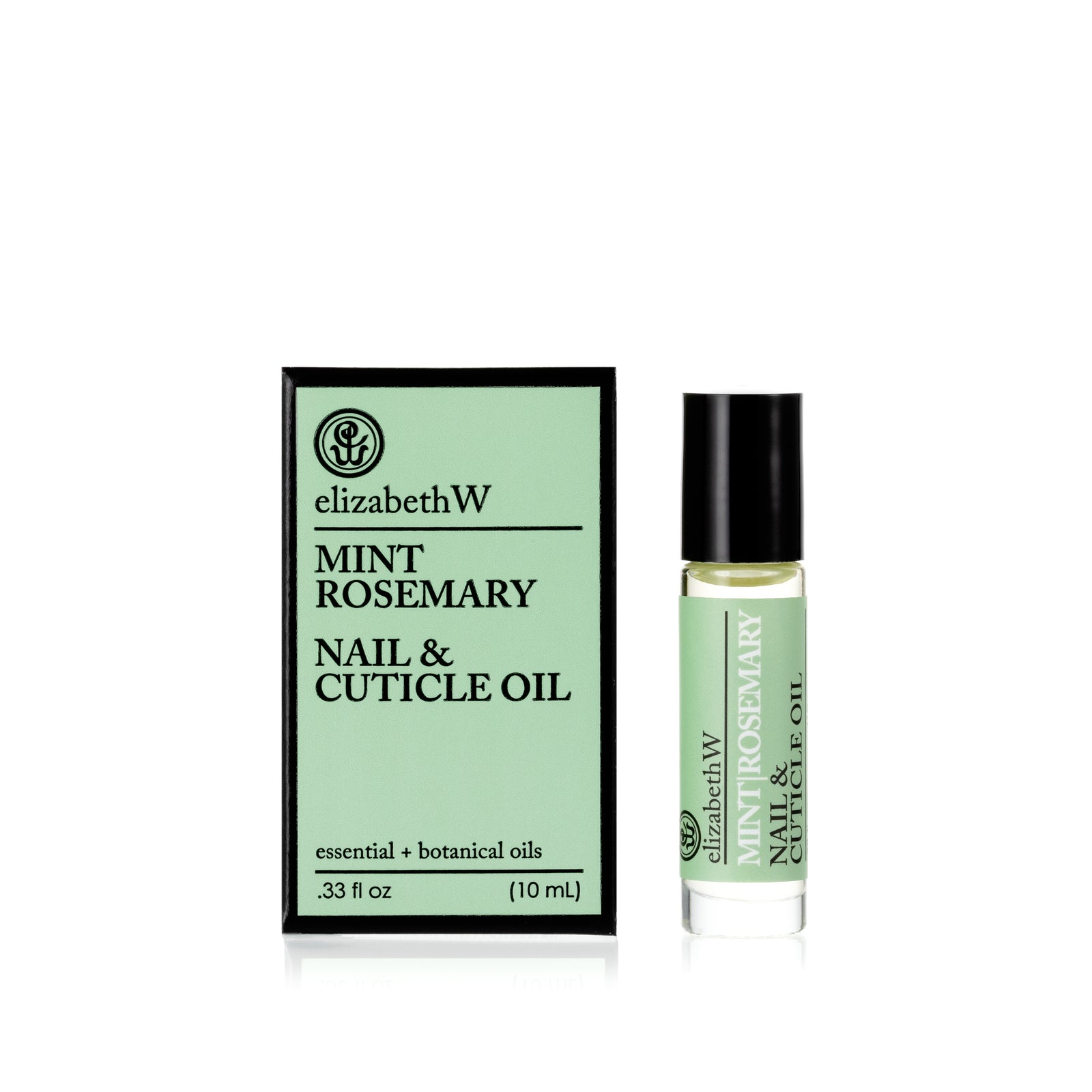 .33 fl oz (10 mL) glass roller bottle of Mint|Rosemary Nail & Cuticle Oil standing next to its matching light green and black box. The bottle has a rollerball tip and contains a clear oil with a light green label.
