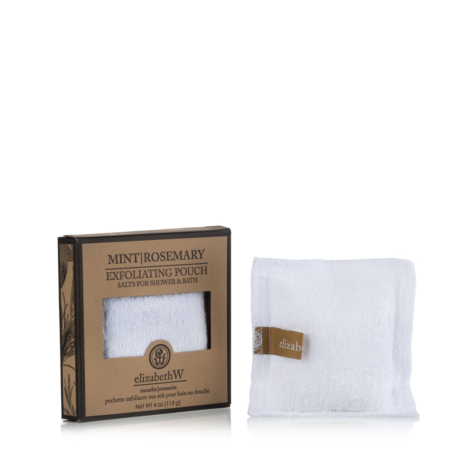 Mint|Rosemary Exfoliating Pouch for shower and bath by elizabethW, packaged in a kraft-colored box. Next to the box is a white, terry cloth pouch with an elizabethW label.