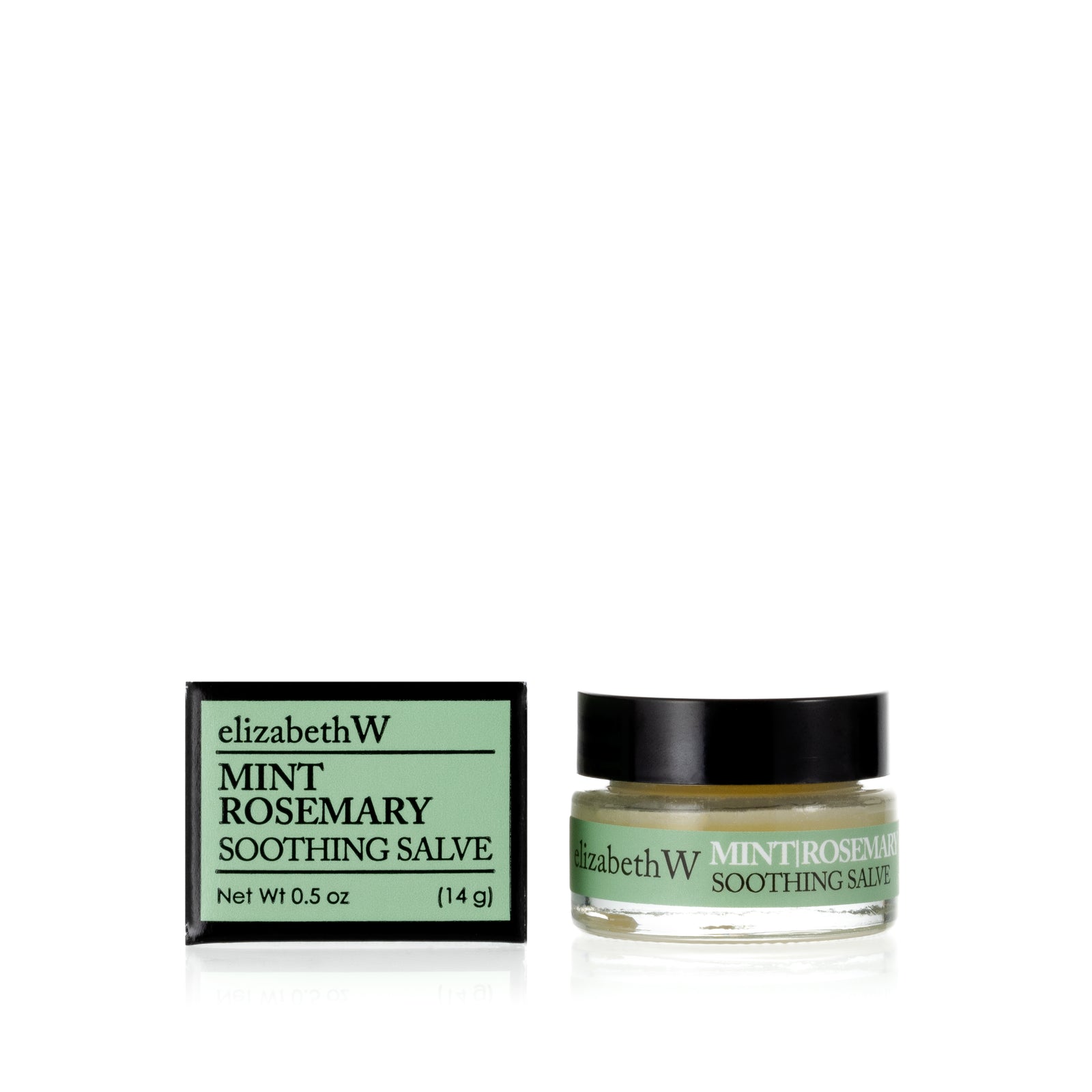 .5 oz (14g) glass jar of Mint|Rosemary Soothing Salve with a matching light green and black box. The jar contains salve, and the box displays the product name and the brand elizabethW in black text on a light green background.