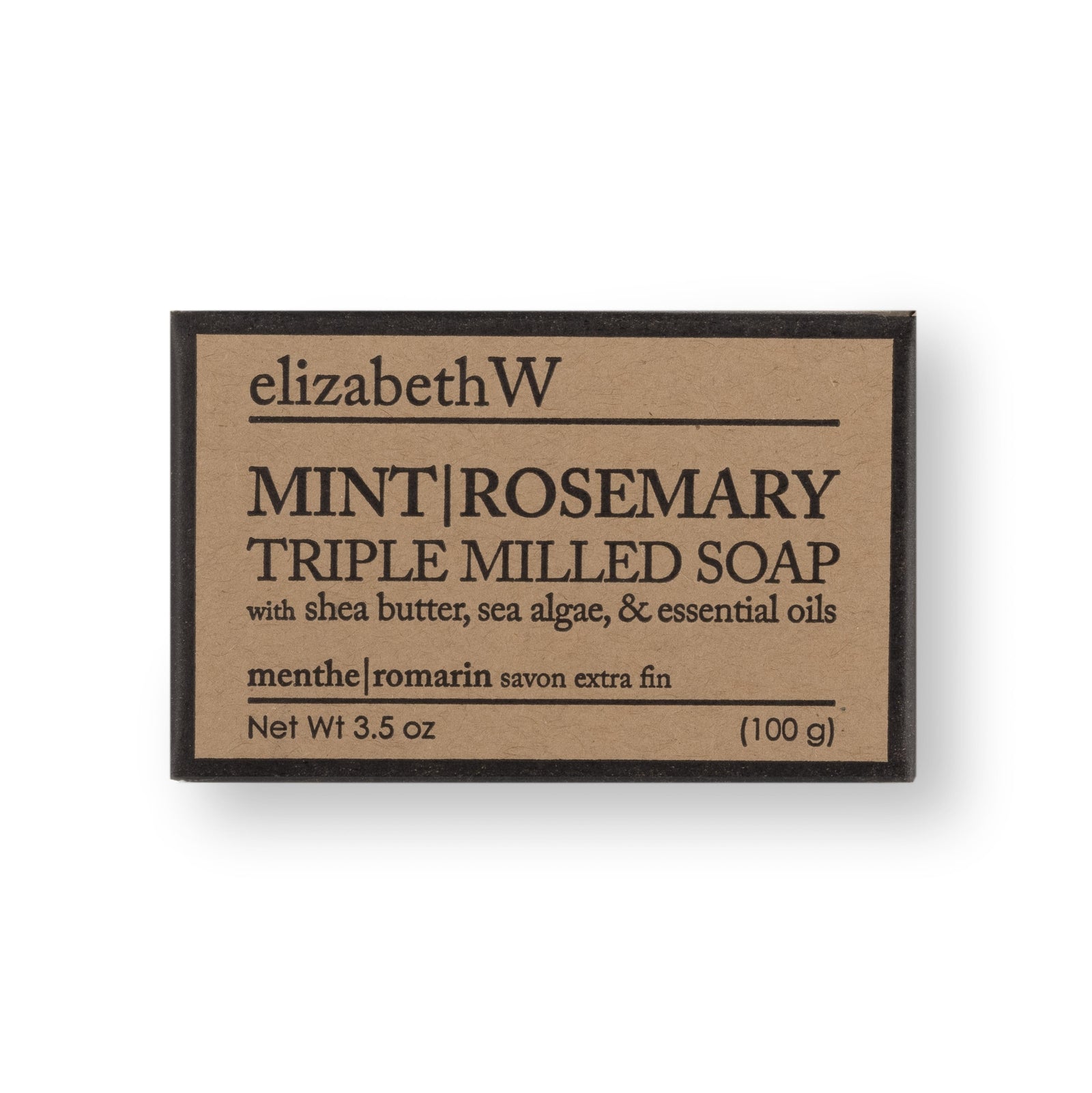 Mint|Rosemary Triple Milled Soap by elizabethW, packaged in a kraft-colored box. Contains shea butter, sea algae, and fruit extracts. Weight: 3.5 oz (100 g).