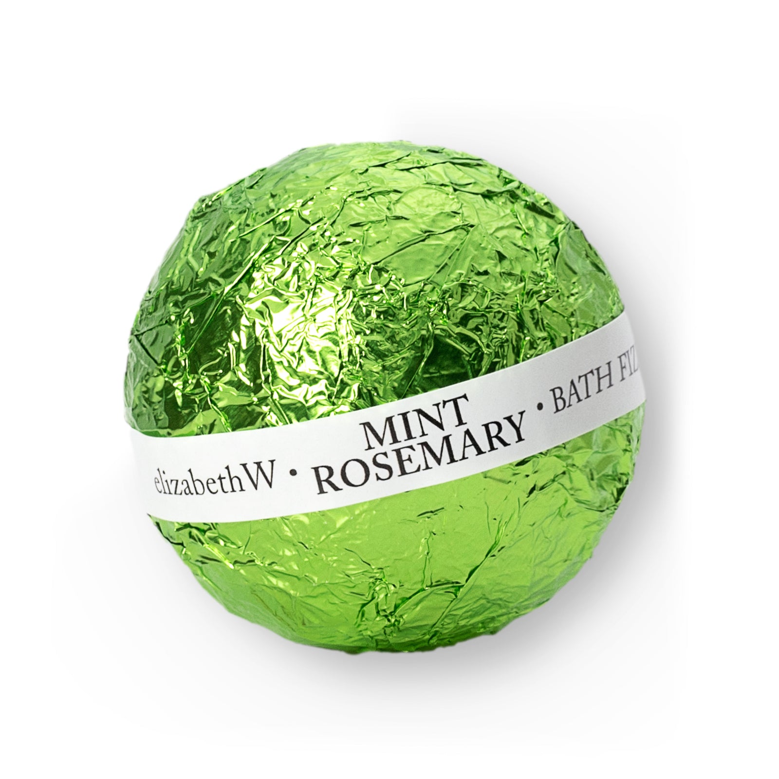 A light green-wrapped, spherical bath fizz ball. A white label band wraps around the center, reading "elizabethW Mint Rosemary Bath Fizz."