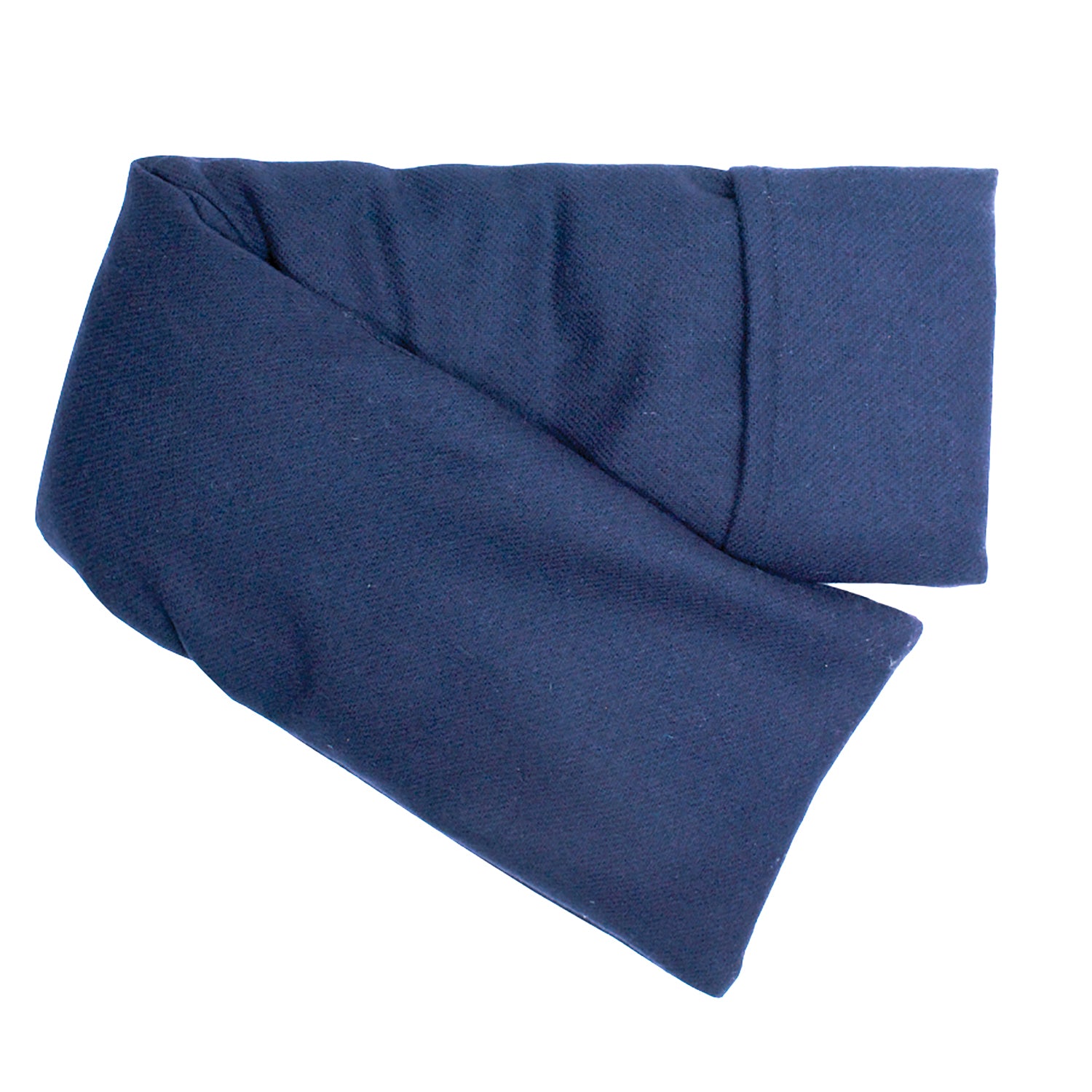 Neatly arranged against a plain white background, the elizabethW Navy Wool Hot/Cold Flaxseed Pack is made with a soft textured fabric, and can be used as a heat pad or cold compress.   
