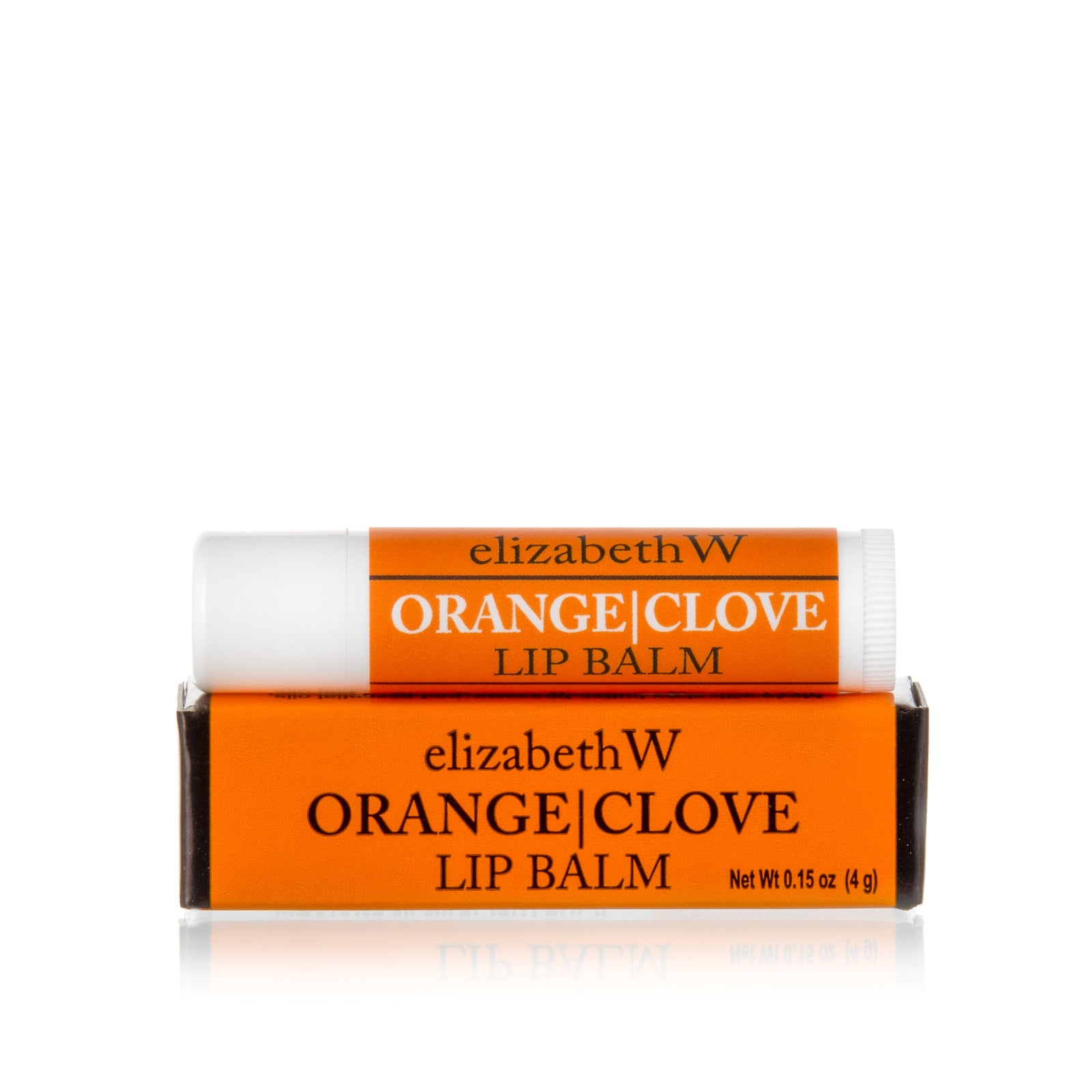 A tube of Orange|Clove Lip Balm placed on top of its matching orange and black box. The tube and box are both labeled with the product name in black text on a orange background.
