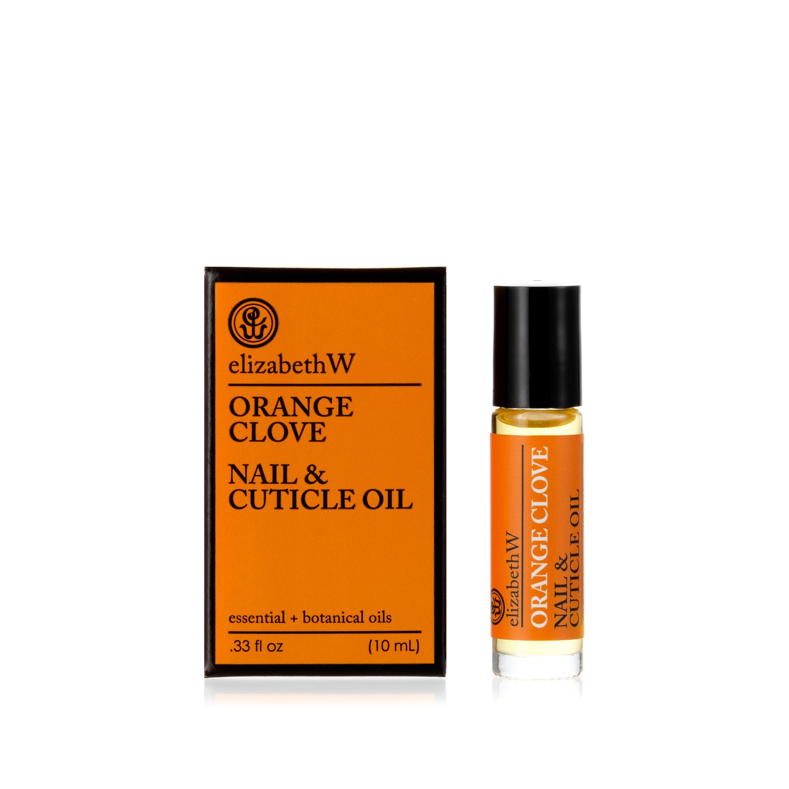 .33 fl oz (10 mL) glass roller bottle of Orange Clove Nail & Cuticle Oil standing next to its matching orange and black box. The bottle has a rollerball tip and contains a clear oil with a orange label. 
