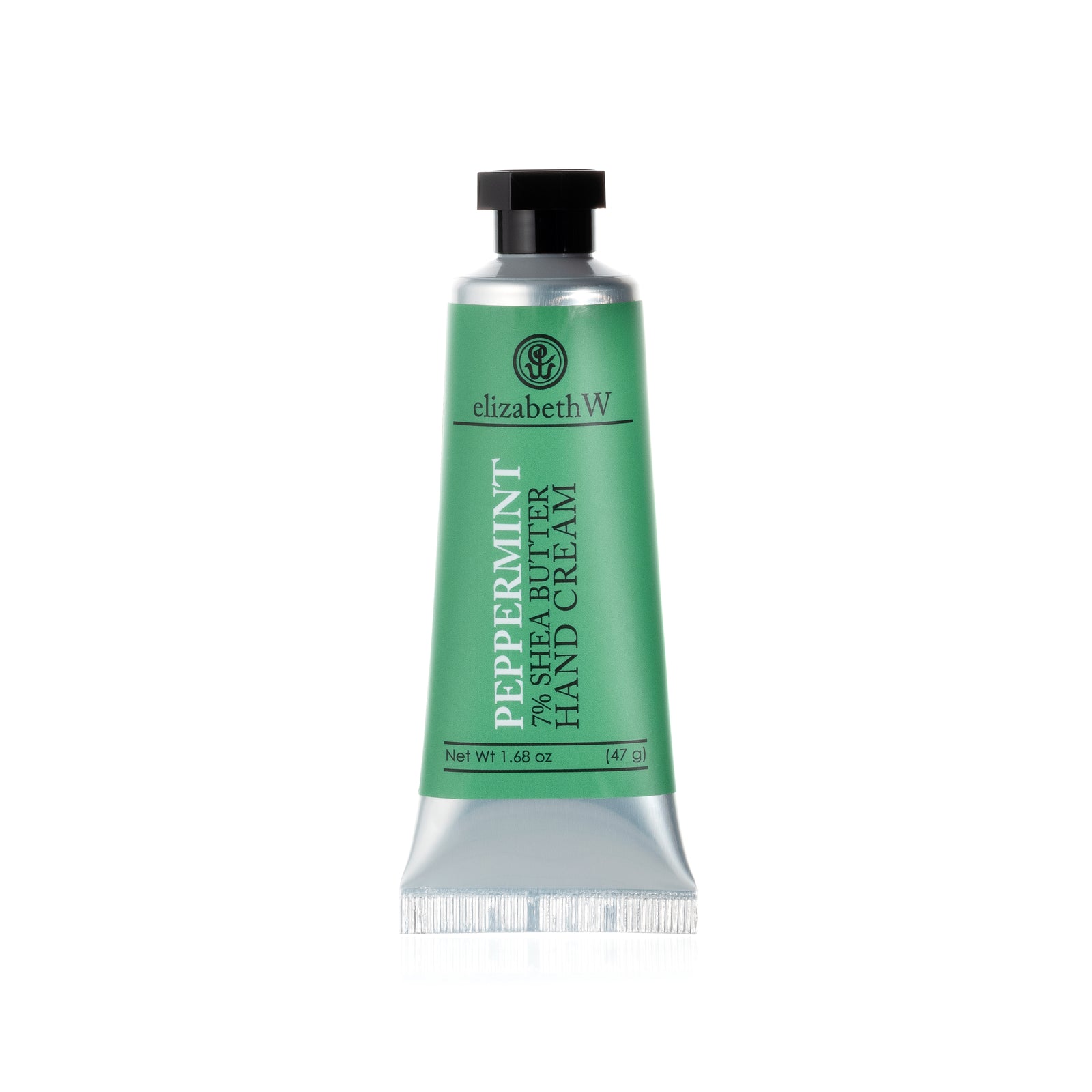 A small metal tube of Peppermint 7% Shea Butter Hand Cream with a black cap and a light green label, showing the product’s name and weight.