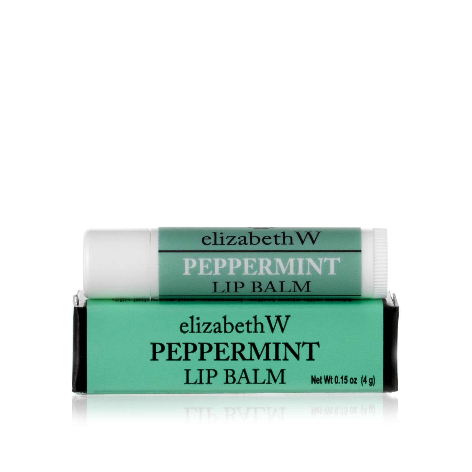 A tube of Peppermint Lip Balm placed on top of its matching light green and black box. The tube and box are both labeled with the product name in black text on a light green background.