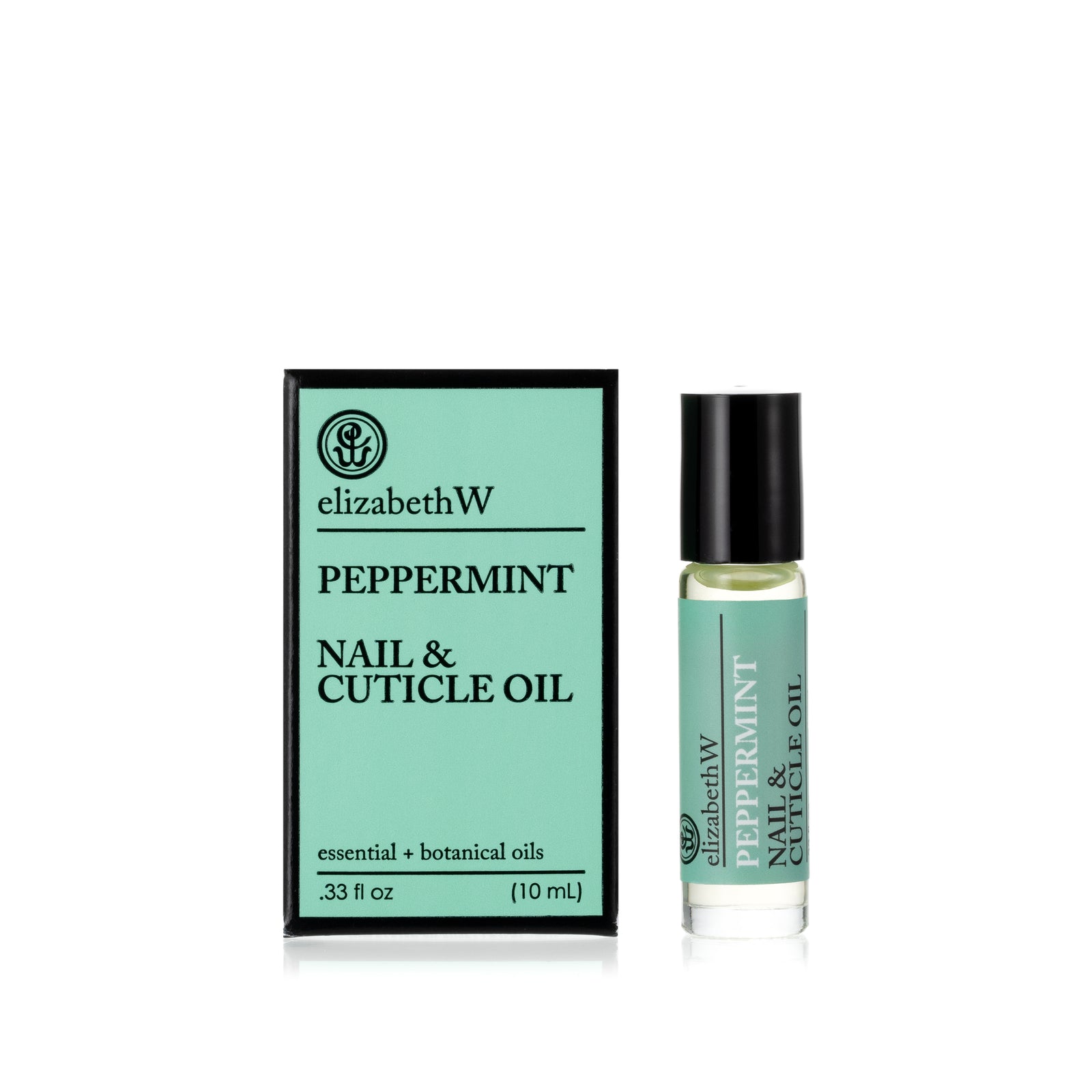 .33 fl oz (10 mL) glass roller bottle of Peppermint Nail & Cuticle Oil standing next to its matching light green and black box. The bottle has a rollerball tip and contains a clear oil with a light green label.