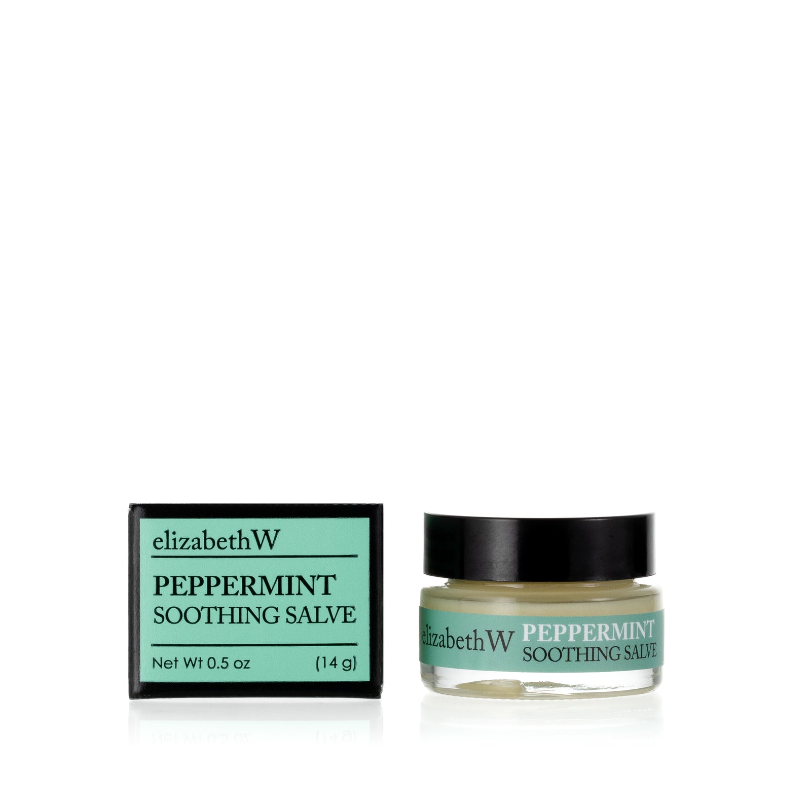 .5 oz (14g) glass jar of Peppermint Soothing Salve with a matching light green and black box. The jar contains salve, and the box displays the product name and the brand elizabethW in black text on a light green background.