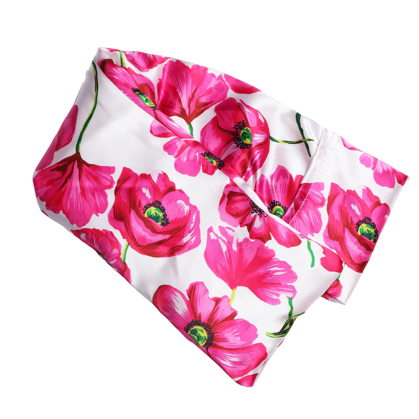 Neatly arranged against a plain white background, the elizabethW Poppy Hot/Cold Flaxseed Pack, displays a bright vibrant floral design featuring large pink flowers with green centers, covered in a silk casing, and can be used as a heat pad or cold compress. 
