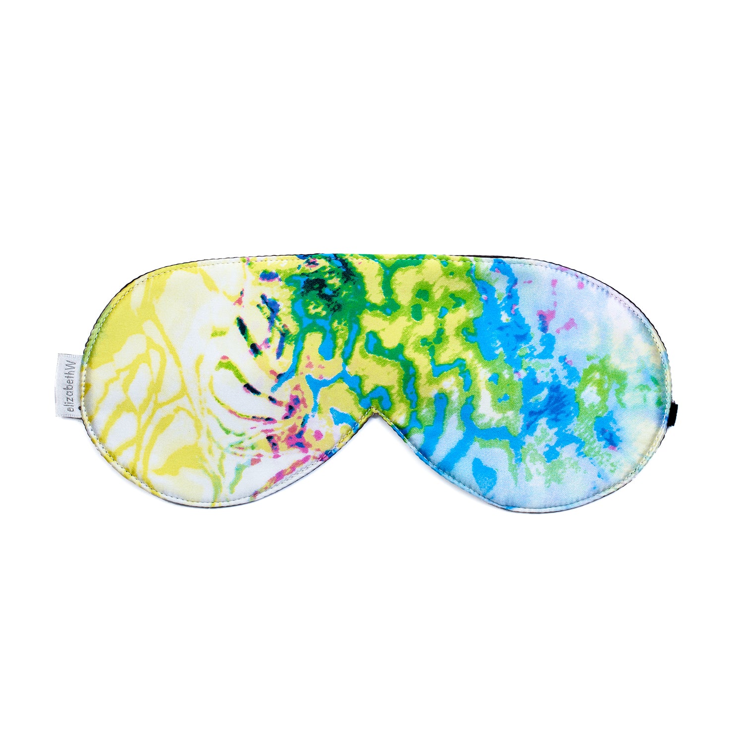 The Reflections Sleep Mask by elizabethW is a luxurious sleep mask that features a vibrant abstract design with swirling patterns in shades of yellow, green, blue, and hints of purple. It includes adjustable strap to ensure it secures comfortably around your head for a restful sleep.