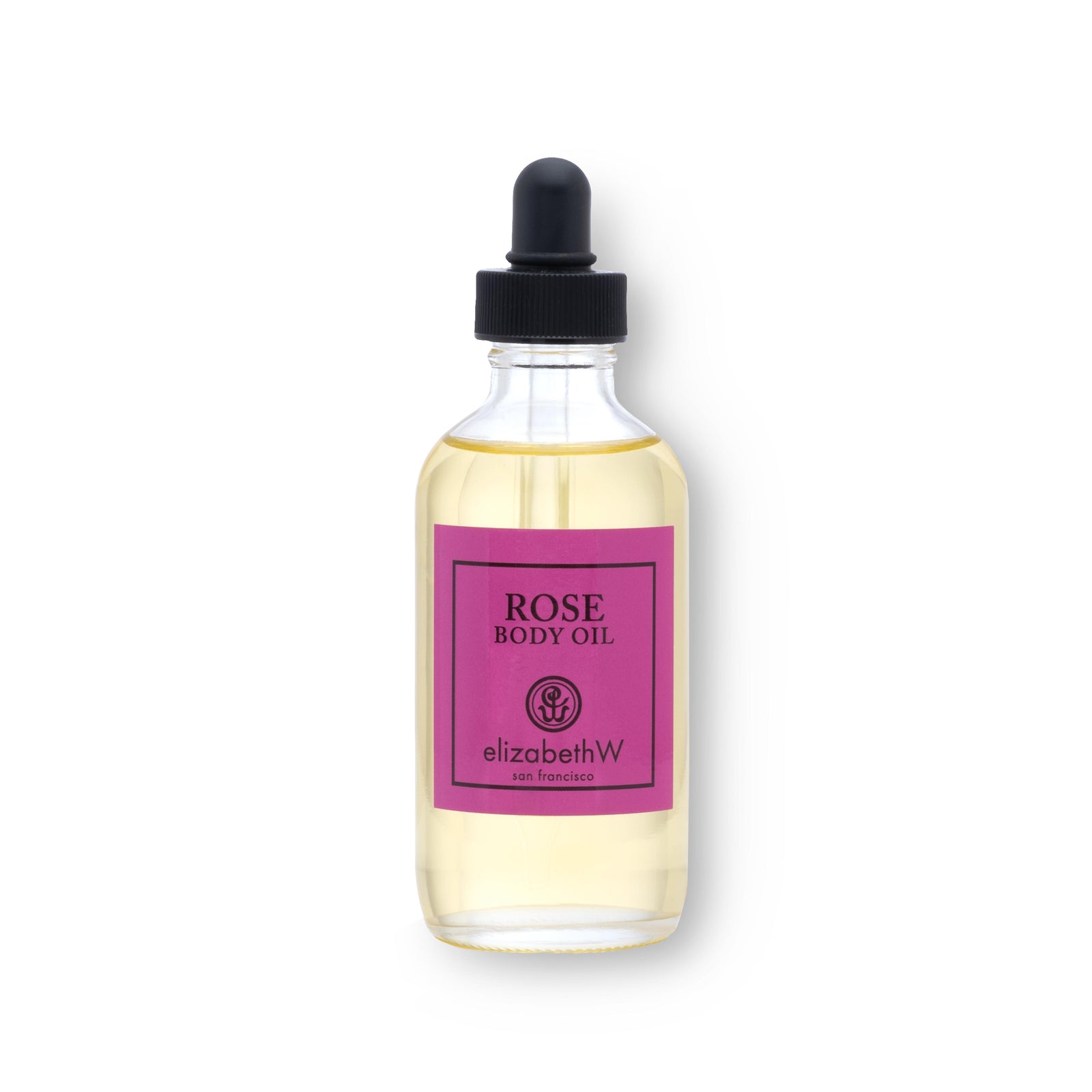 A 4 fl oz (118 mL) glass bottle of body oil with a black dropper cap. The purplish-red color label reads "Rose Body Oil" with the elizabethW logo and "san francisco." The clear bottle shows the light-colored oil inside, giving it a sleek and minimalist appearance.