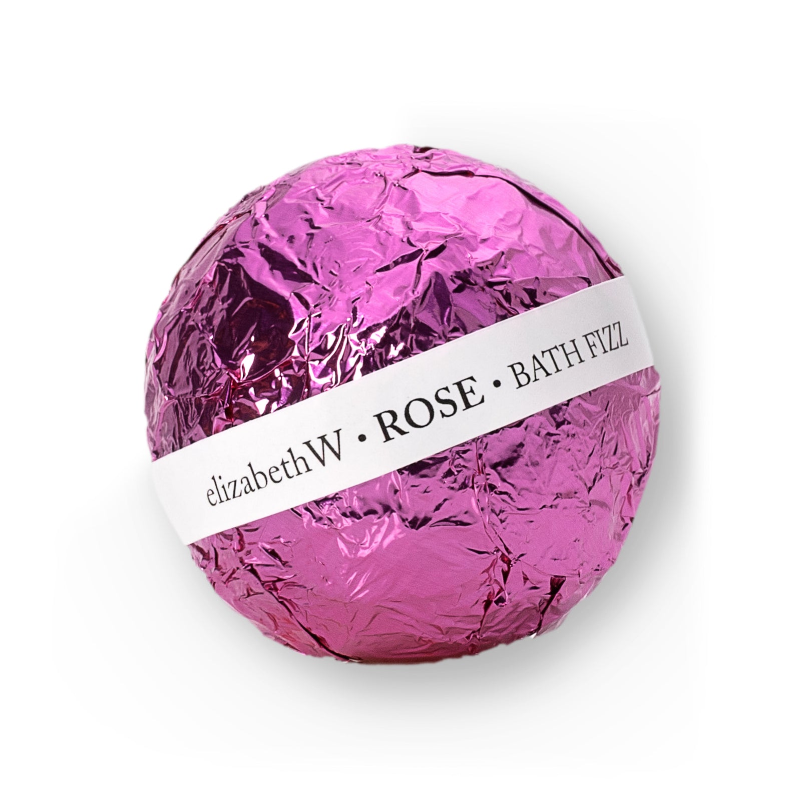 A purplish-red wrapped, spherical bath fizz ball. A white label band wraps around the center, reading "elizabethW Rose Bath Fizz."