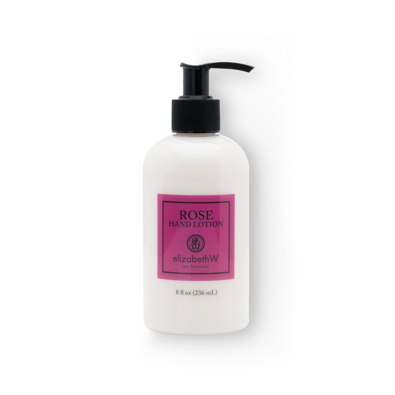 A clear 8 fl oz (236 mL) plastic bottle of white, Rose hand lotion with a black pump dispenser. The purplish-red label reads "Rose Hand Lotion" with the elizabethW logo and "san francisco."