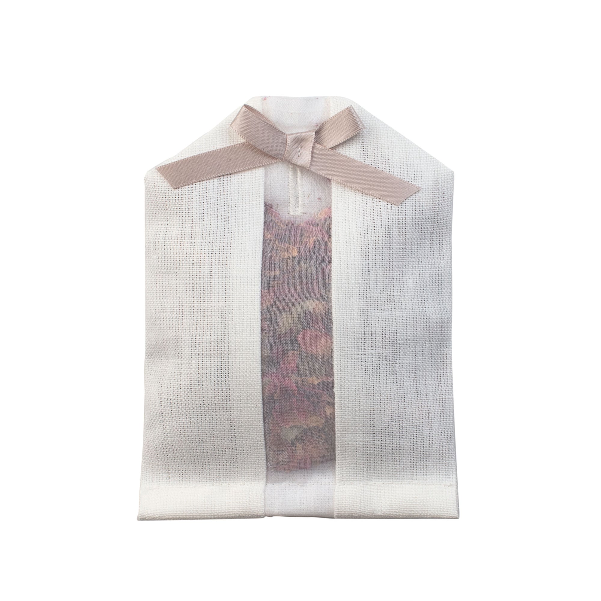Dried rose petals filled inside of an ivory linen hanger sachet 