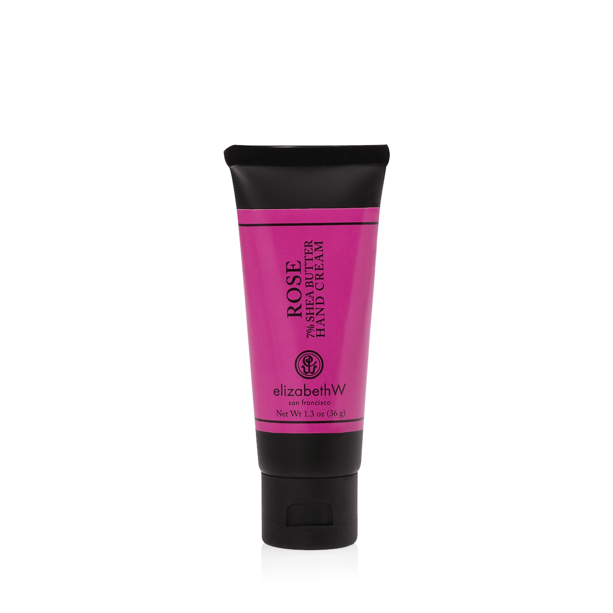 A 1.3 oz (36 g) purplish-red colored tube of Rose hand cream with a black cap and black text. The label reads "Rose 7% Shea Butter Hand Cream," with the elizabethW logo and "san francisco" beneath it. The net weight of the product is also listed on the label.