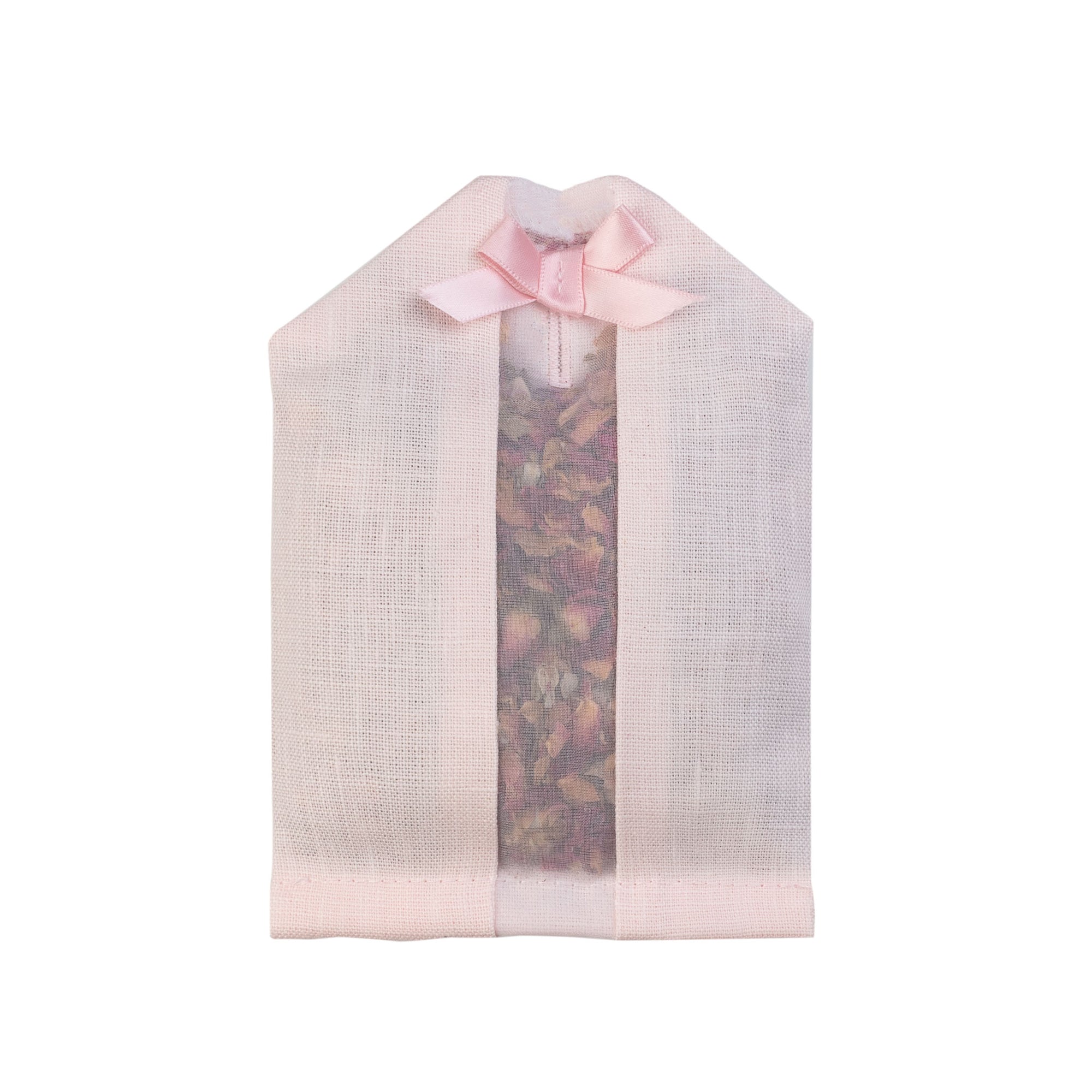 Dried rose petals filled inside of a pink linen hanger sachet 
