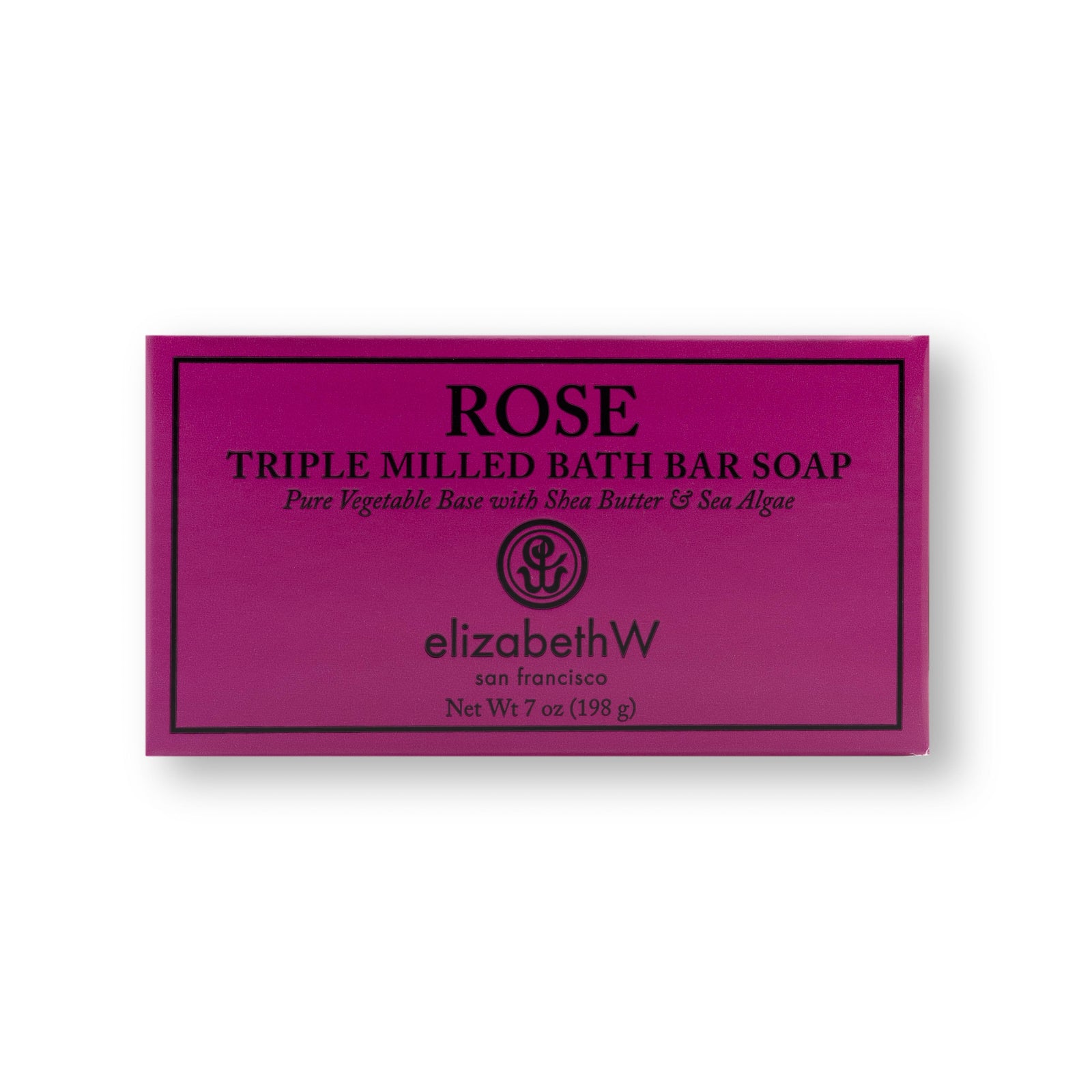 A rectangular purplish-red box for Rose soap. The text on the box reads "Rose Triple Milled Bath Bar Soap," followed by "Pure Vegetable Base with Shea Butter & Sea Algae." The elizabethW logo is displayed below, along with "san francisco" and "Net Wt 7 oz (198 g)."