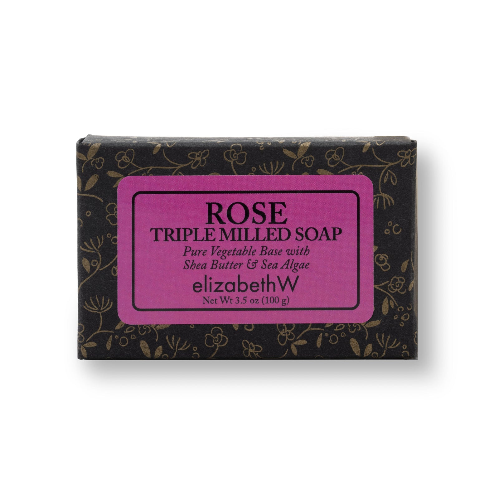 A rectangular box of Rose triple milled soap in black packaging with floral accents. The purplish-red label reads "Rose Triple Milled Soap" followed by "Pure Vegetable Base with Shea Butter & Sea Algae." The elizabethW logo is displayed beneath, with "san francisco" and "Net Wt 3.5 oz (100 g).