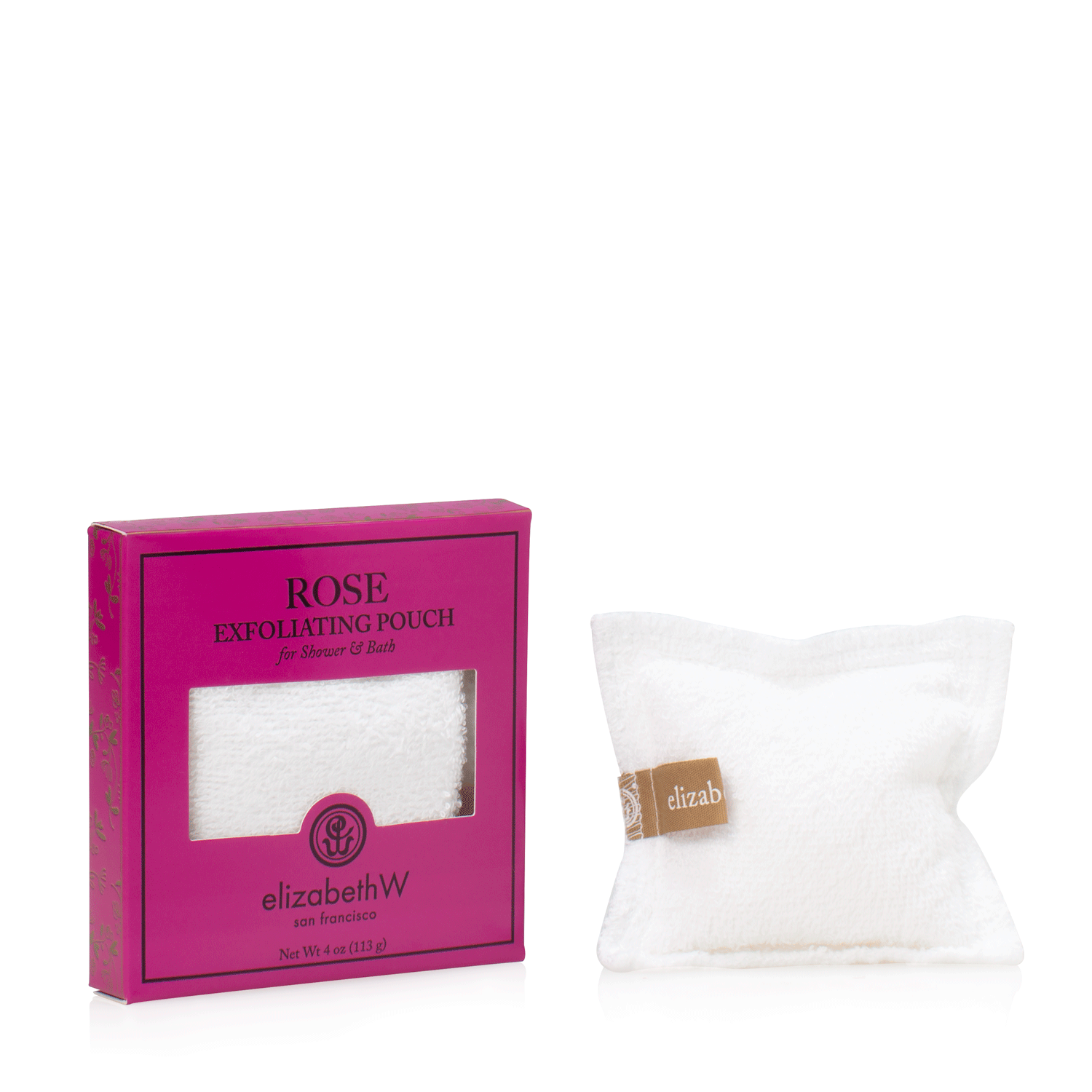 A 4 oz (113 g) exfoliating pouch for shower and bath. The product is shown next to its purplish-red box. The box reads "Rose Exfoliating Pouch for Shower & Bath" with the elizabethW logo and "san francisco." The pouch itself is a white terry cloth square with a small fabric tag displaying the brand "elizabethW."