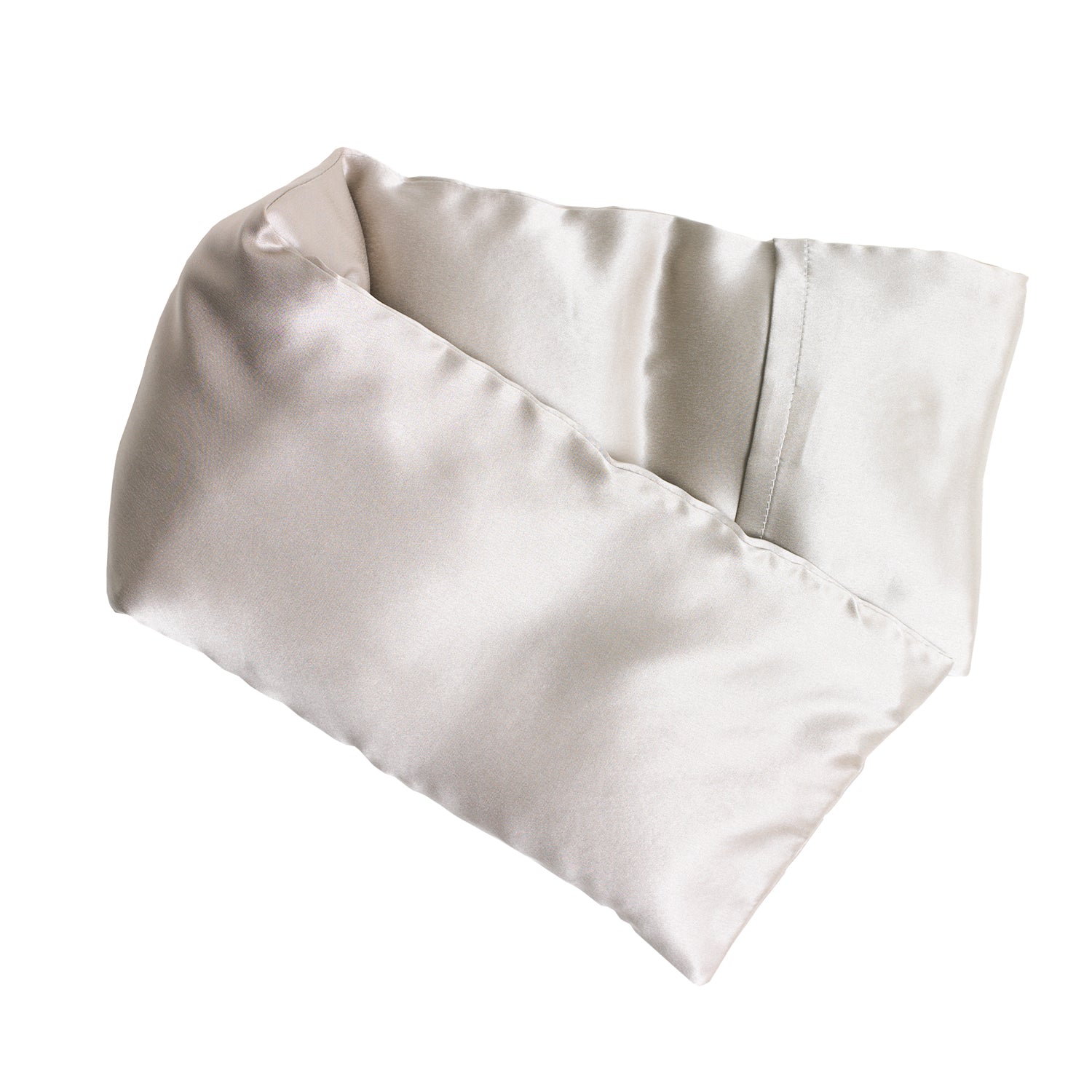 Neatly arranged against a plain white background, the elizabethW Silver Hot/Cold Flaxseed Pack is made with a soft smooth silk fabric, and can be used as a heat pad or cold compress.