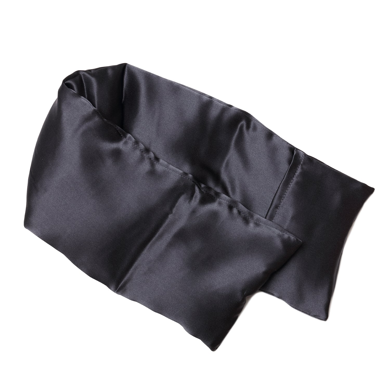 Neatly arranged against a plain white background, the elizabethW Slate Hot/Cold Flaxseed Pack is made with a soft smooth black silk fabric, and can be used as a heat pad or cold compress.