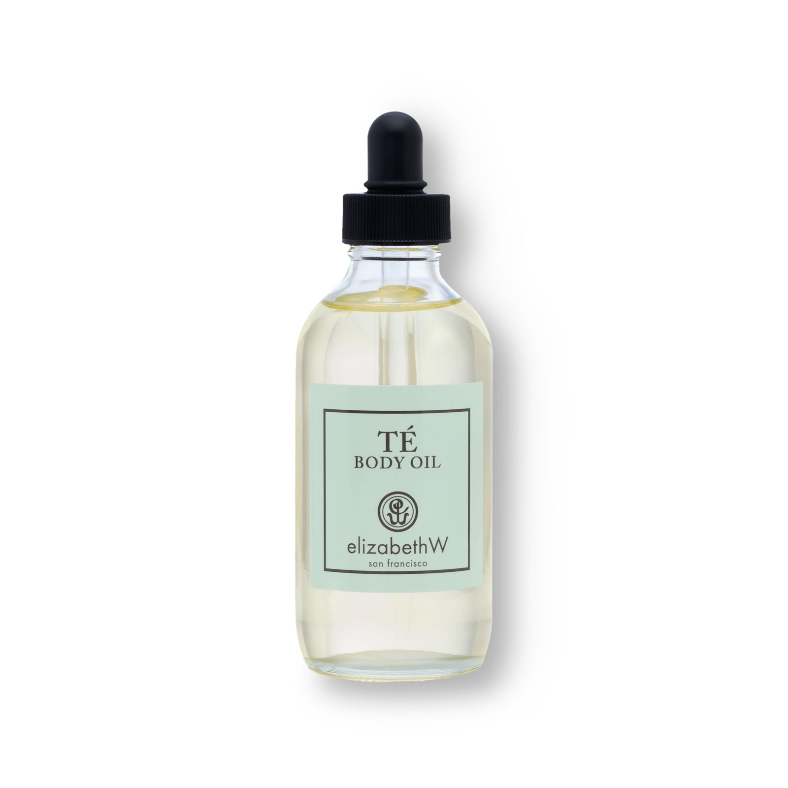 A 4 fl oz (118 mL) glass bottle of body oil with a black dropper cap. The teal label reads "TE Body Oil" with the elizabethW logo and "san francisco." The clear bottle shows the light-colored oil inside, giving it a sleek and minimalist appearance.