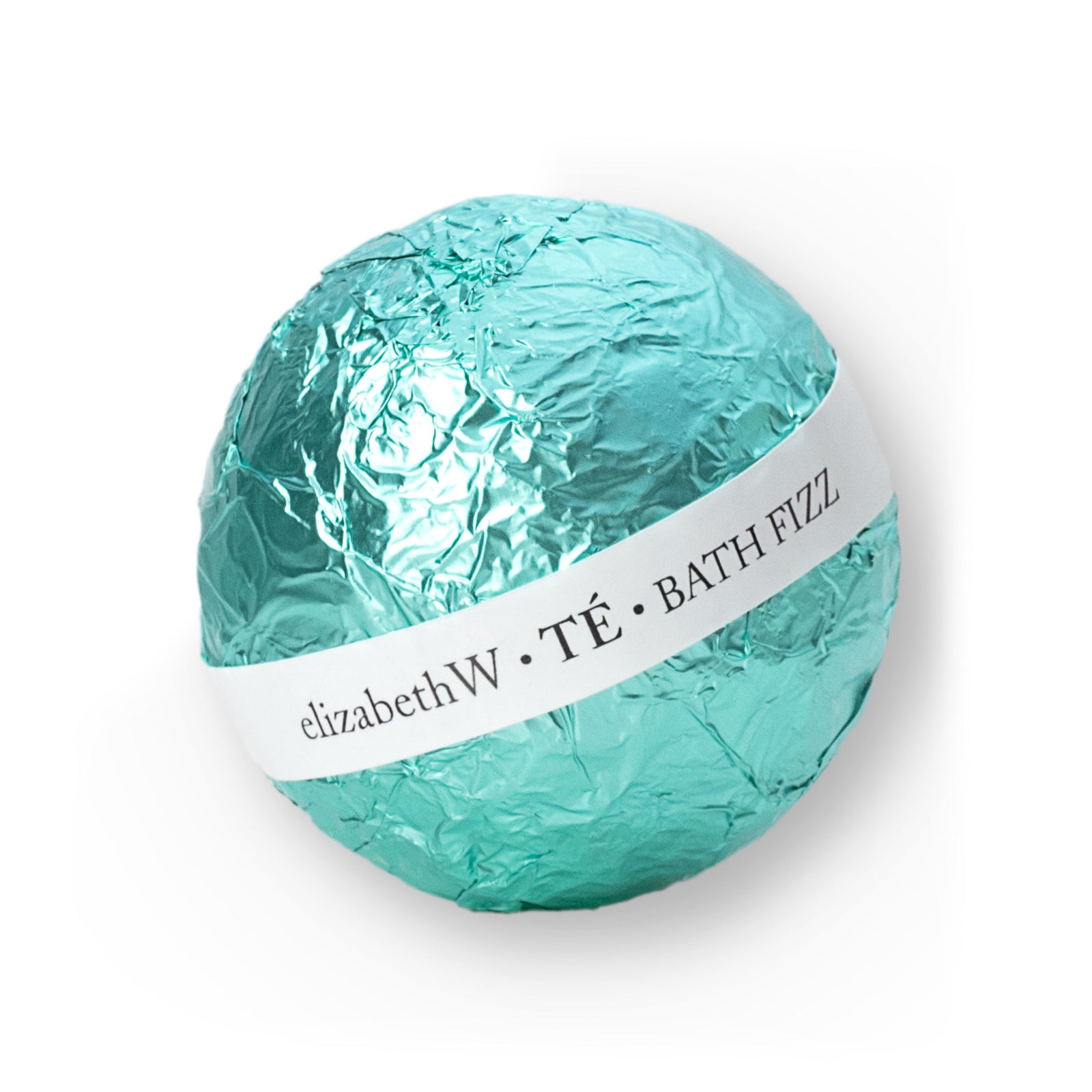 A teal-wrapped, spherical bath fizz ball. A white label band wraps around the center, reading "elizabethW TE Bath Fizz."
