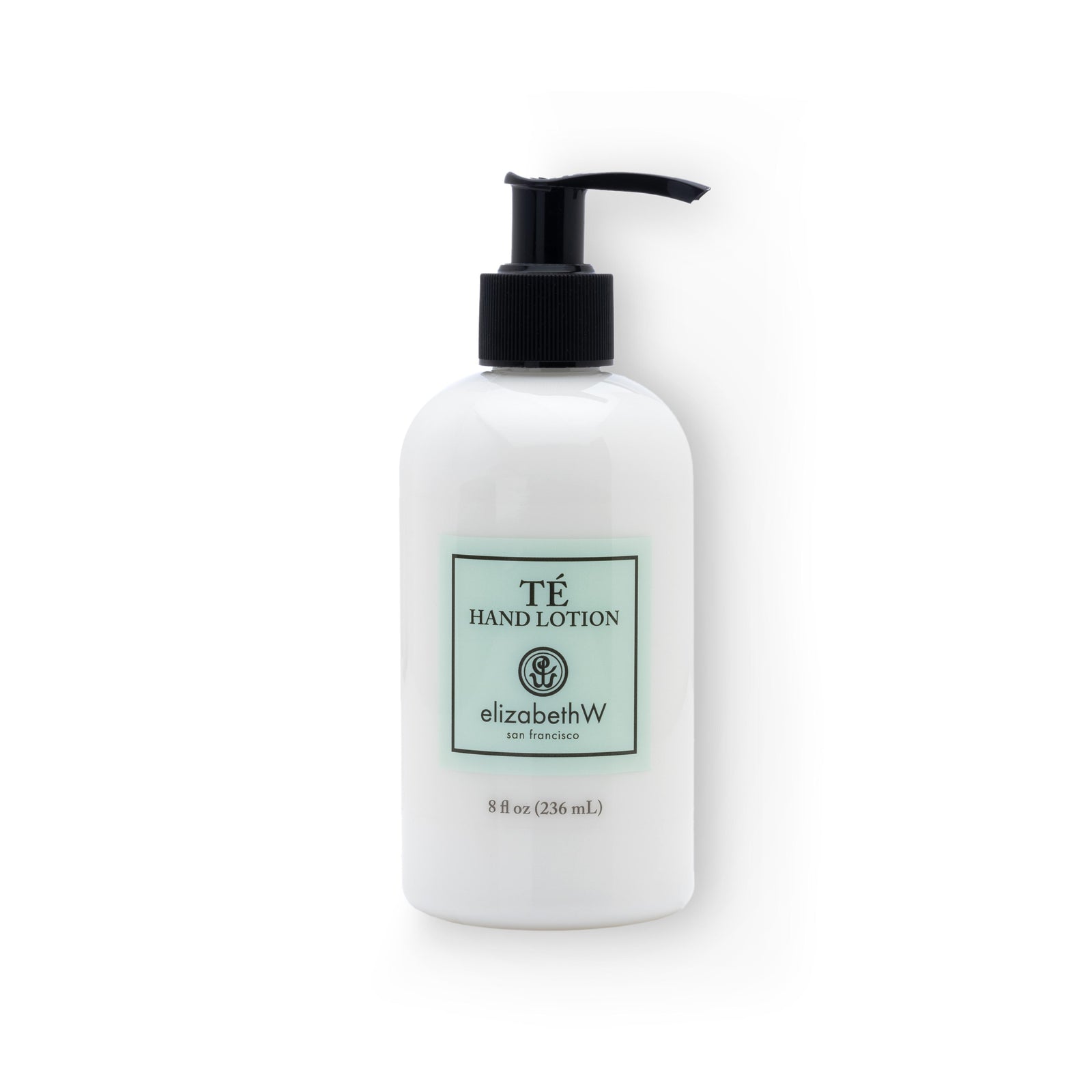 A clear 8 fl oz (236 mL) plastic bottle of white, TE hand lotion with a black pump dispenser. The teal label reads "TE Hand Lotion" with the elizabethW logo and "san francisco."