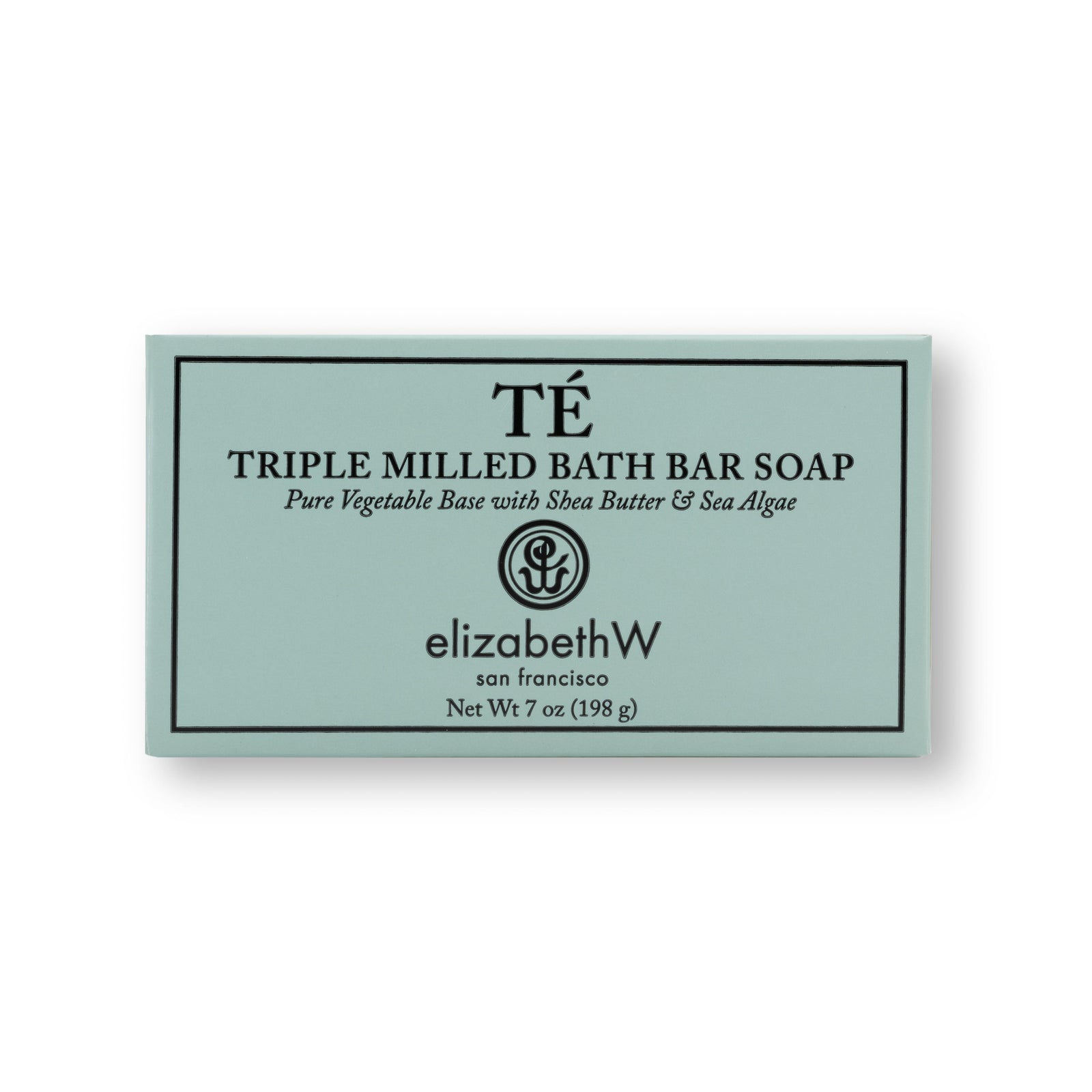 A rectangular teal box for TE soap. The text on the box reads "TE Triple Milled Bath Bar Soap," followed by "Pure Vegetable Base with Shea Butter & Sea Algae." The elizabethW logo is displayed below, along with "san francisco" and "Net Wt 7 oz (198 g)."