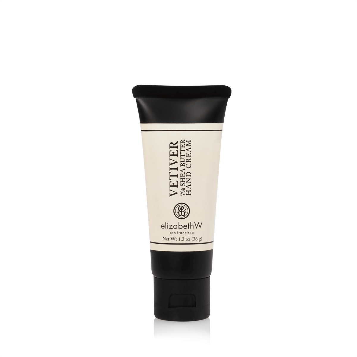 A 1.3 oz (36 g) cream-colored tube of Vetiver hand cream with a black cap and black text. The label reads "Vetiver 7% Shea Butter Hand Cream," with the elizabethW logo and "san francisco" beneath it. The net weight of the product is also listed on the label.