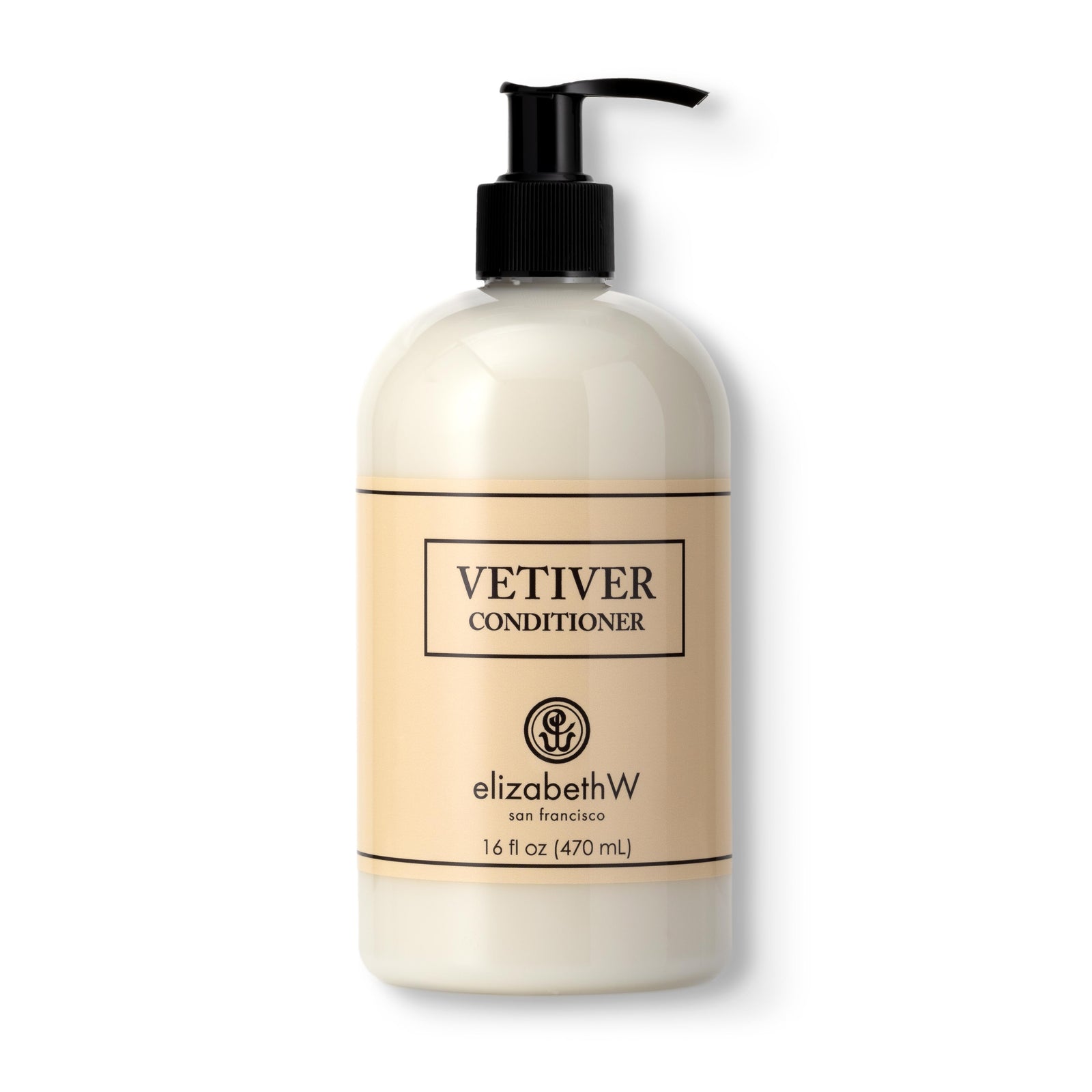 A clear plastic bottle with a black pump dispenser, containing 16 fl oz (470 mL) of Vetiver conditioner. The beige label reads "Vetiver Conditioner" with the elizabethW logo and "san francisco."