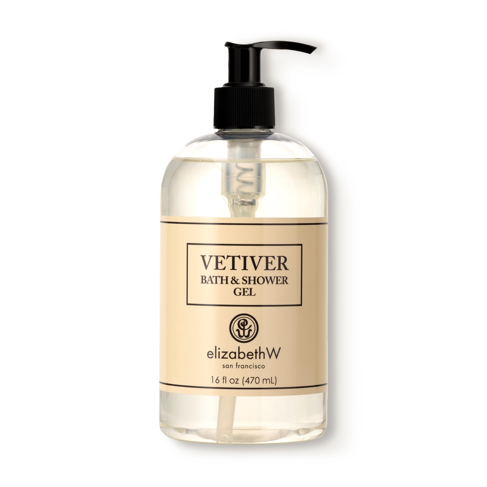 A clear plastic bottle with a black pump dispenser, containing 16 fl oz (470 mL) of Vetiver bath and shower gel. The cream color label reads "Vetiver Bath & Shower Gel" with the elizabethW logo and "san francisco."