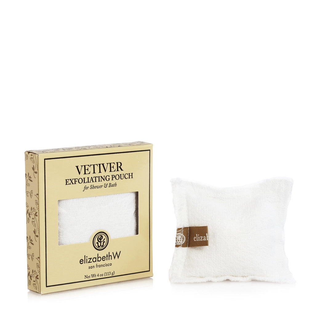 A 4 oz (113 g) exfoliating pouch for shower and bath. The product is shown next to its cream box. The box reads "Vetiver Exfoliating Pouch for Shower & Bath" with the elizabethW logo and "san francisco." The pouch itself is a white terry cloth square with a small fabric tag displaying the brand "elizabethW."