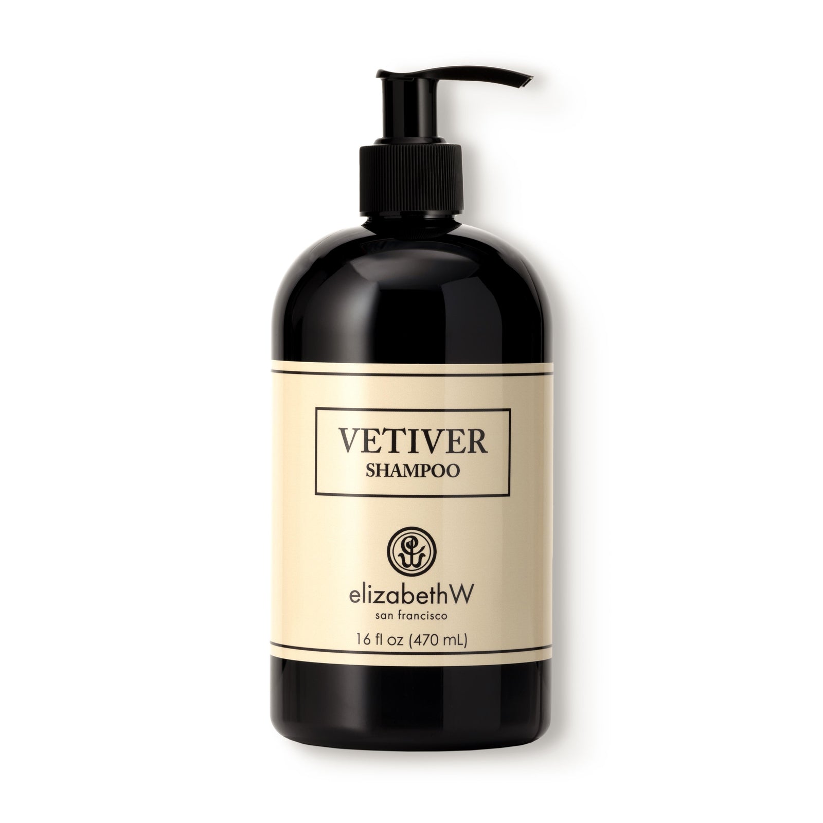 A black plastic bottle with a black pump dispenser, containing 16 fl oz (470 mL) of Vetiver shampoo. The cream color label reads "Vetiver Shampoo" with the elizabethW logo and "san francisco."