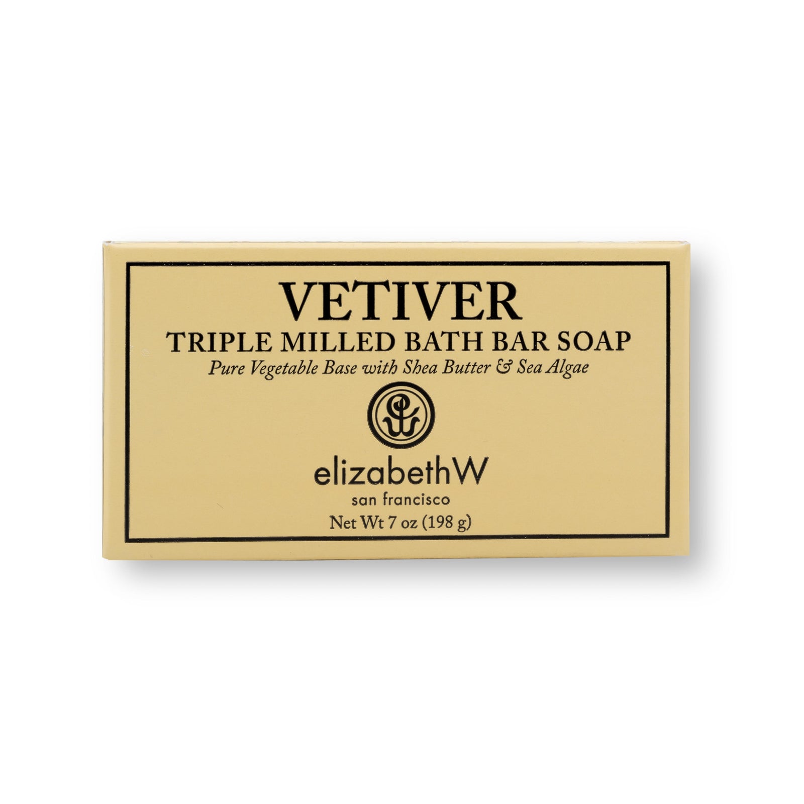 A rectangular cream box for Vetiver soap. The text on the box reads "Vetiver Triple Milled Bath Bar Soap," followed by "Pure Vegetable Base with Shea Butter & Sea Algae." The elizabethW logo is displayed below, along with "san francisco" and "Net Wt 7 oz (198 g)."
