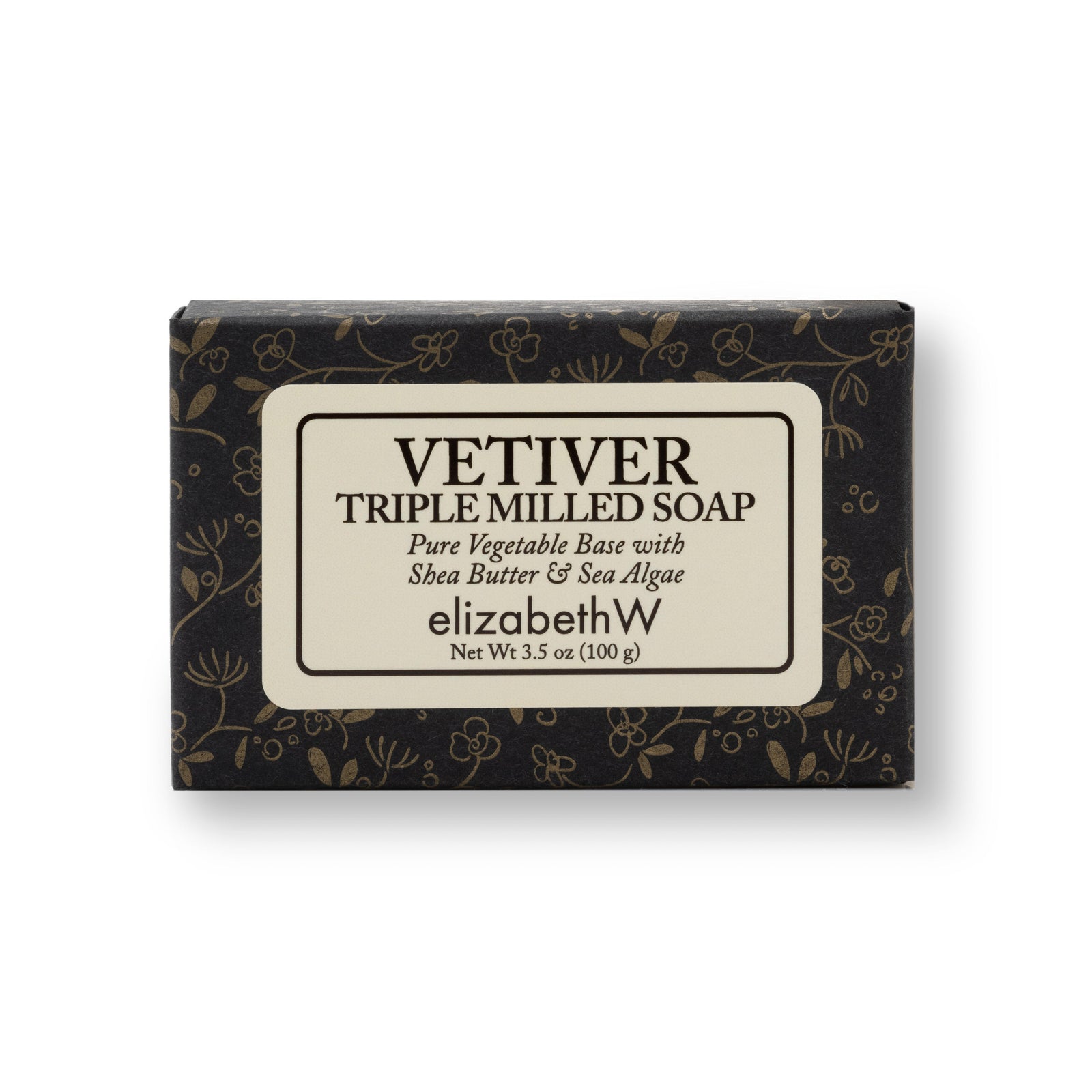 A rectangular box of Vetiver triple milled soap in black packaging with floral accents. The cream label reads "Vetiver Triple Milled Soap" followed by "Pure Vegetable Base with Shea Butter & Sea Algae." The elizabethW logo is displayed beneath, with "san francisco" and "Net Wt 3.5 oz (100 g).