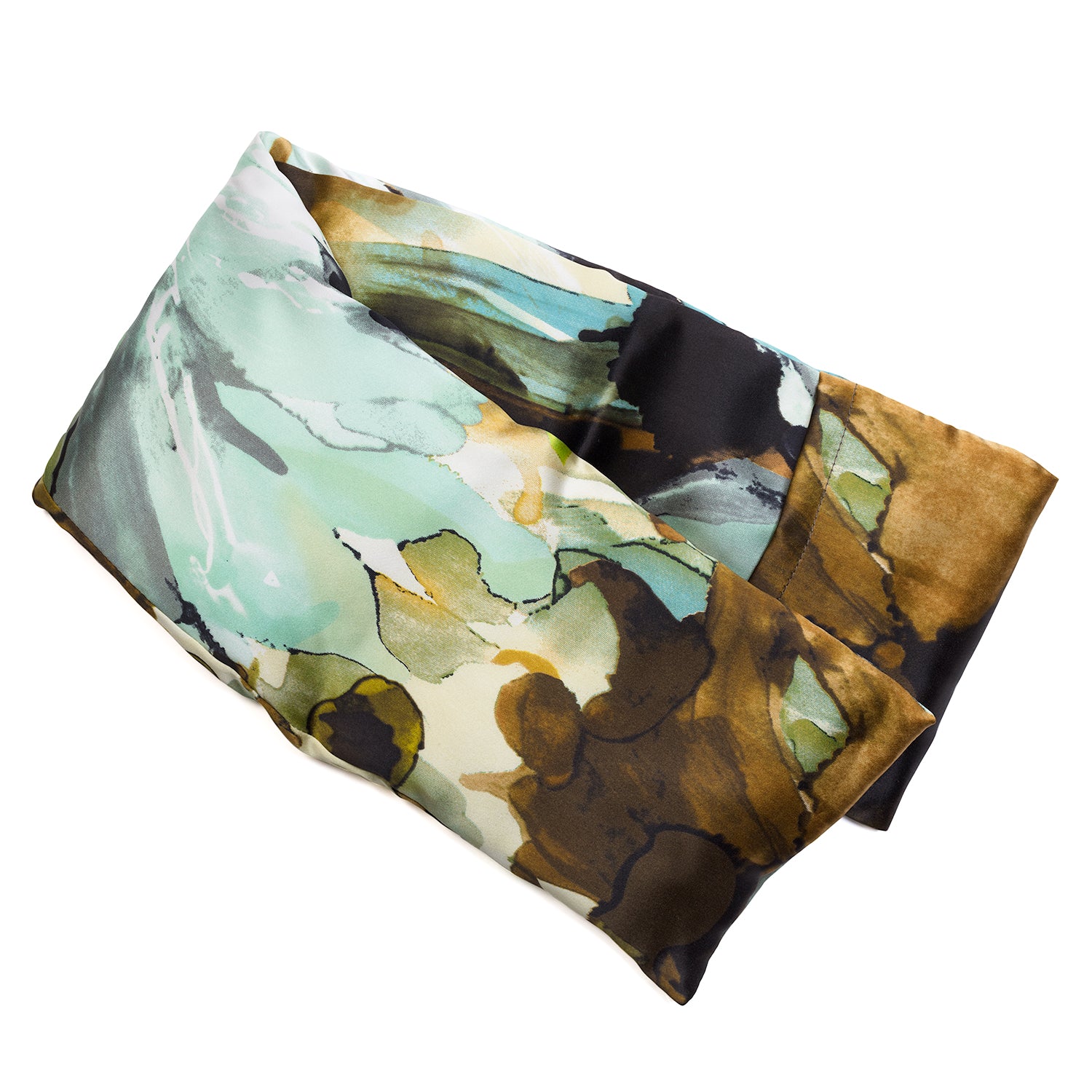 Neatly arranged against a plain white background, the elizabethW Watercolor Hot/Cold Flaxseed Pack is covered in a silk casing with golden brown and soft green-blue patterns, and can be used as a heat pad or cold compress.