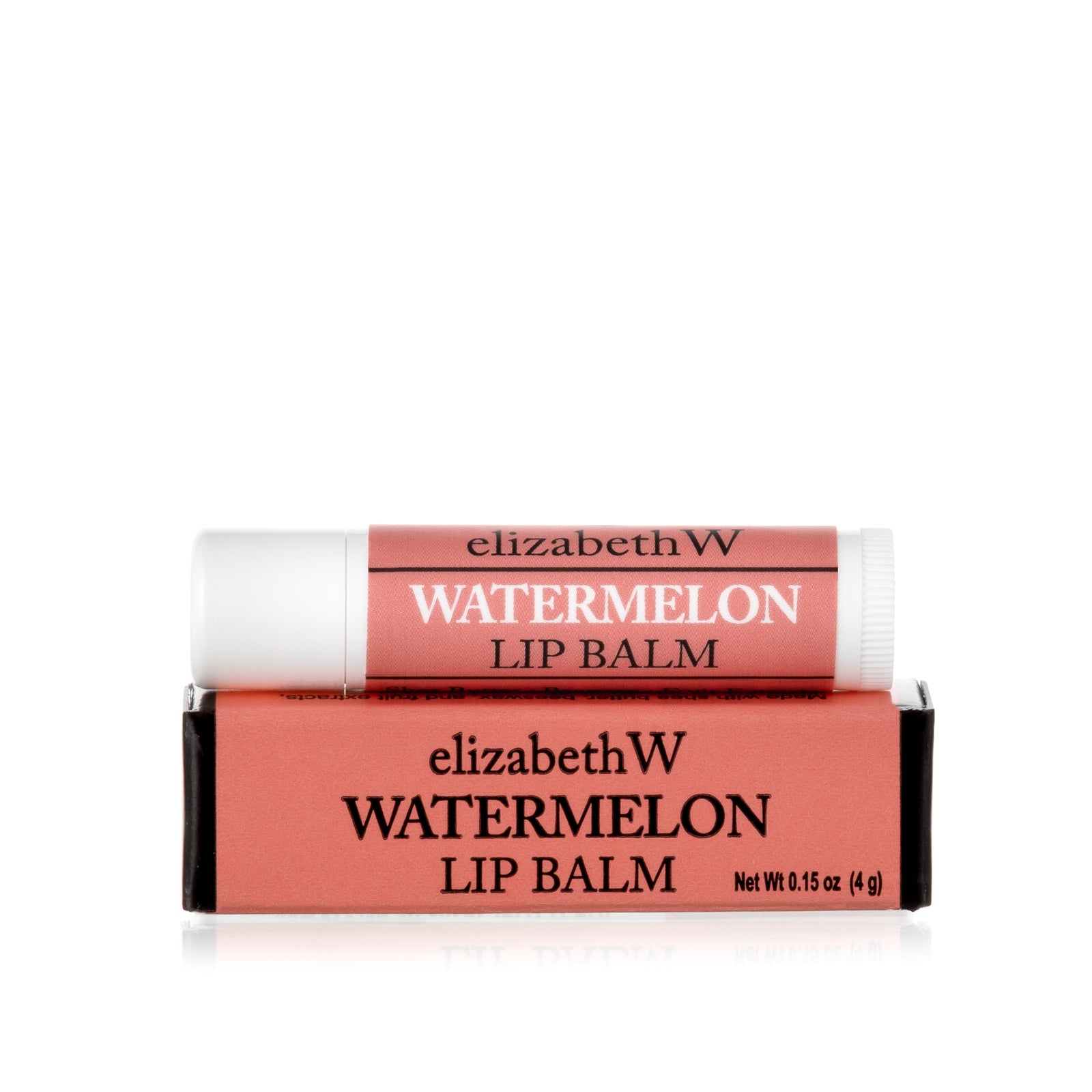 A tube of Watermelon Lip Balm placed on top of its matching light red and black box. The tube and box are both labeled with the product name in black text on a light red background.