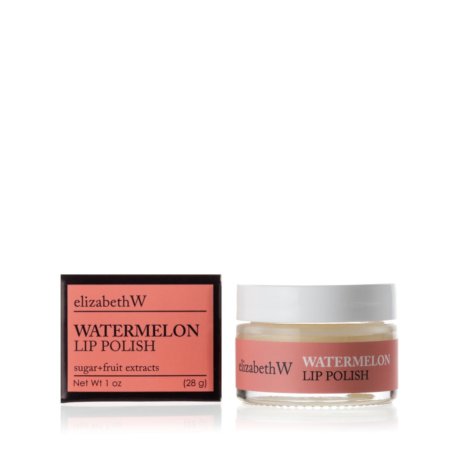 A glass jar of Watermelon Lip Polish beside its matching black and light red box. The jar contains a smooth white lip polish with a light red label.
