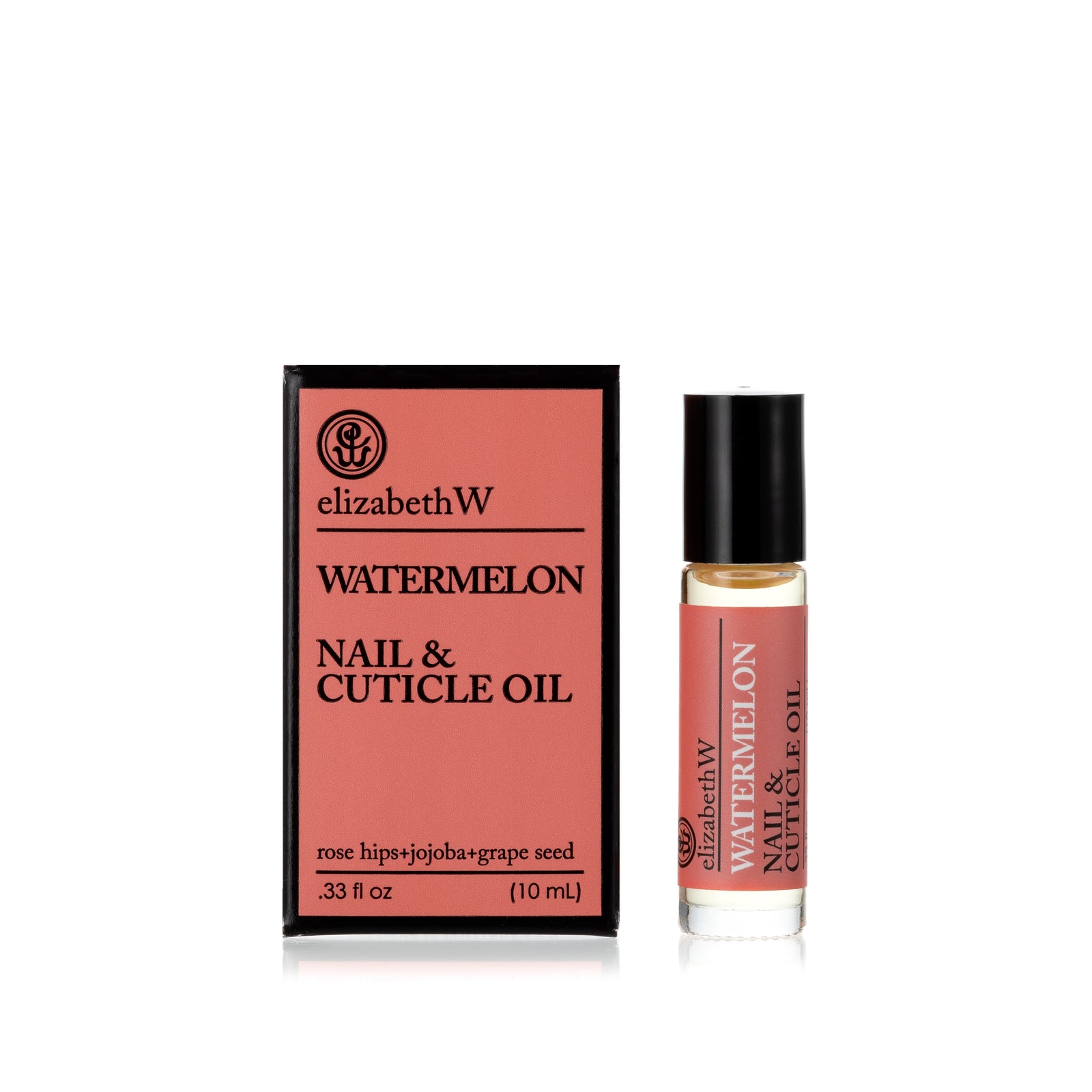 .33 fl oz (10 mL) glass roller bottle of Watermelon Nail & Cuticle Oil standing next to its matching light red and black box. The bottle has a rollerball tip and contains a clear oil with a light red label.