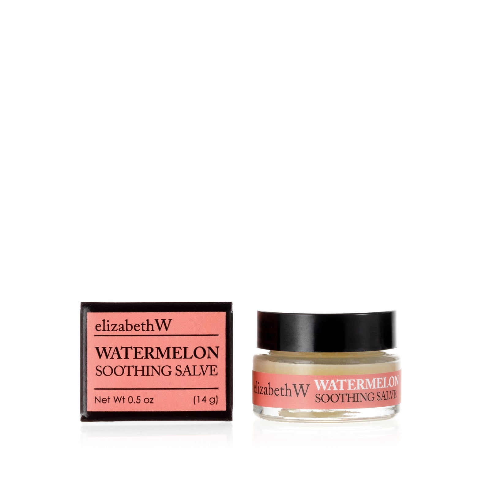 .5 oz (14g) glass jar of Watermelon Soothing Salve with a matching light red and black box. The jar contains salve, and the box displays the product name and the brand elizabethW in black text on a light red background.